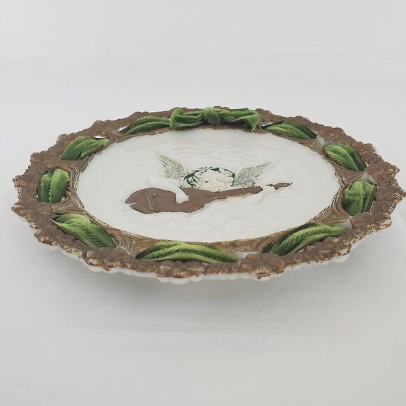 1900s Westmoreland Milk Glass Forget Me Not Lace Edge Angel Cherub Cupid Plate - Picture 3 of 6